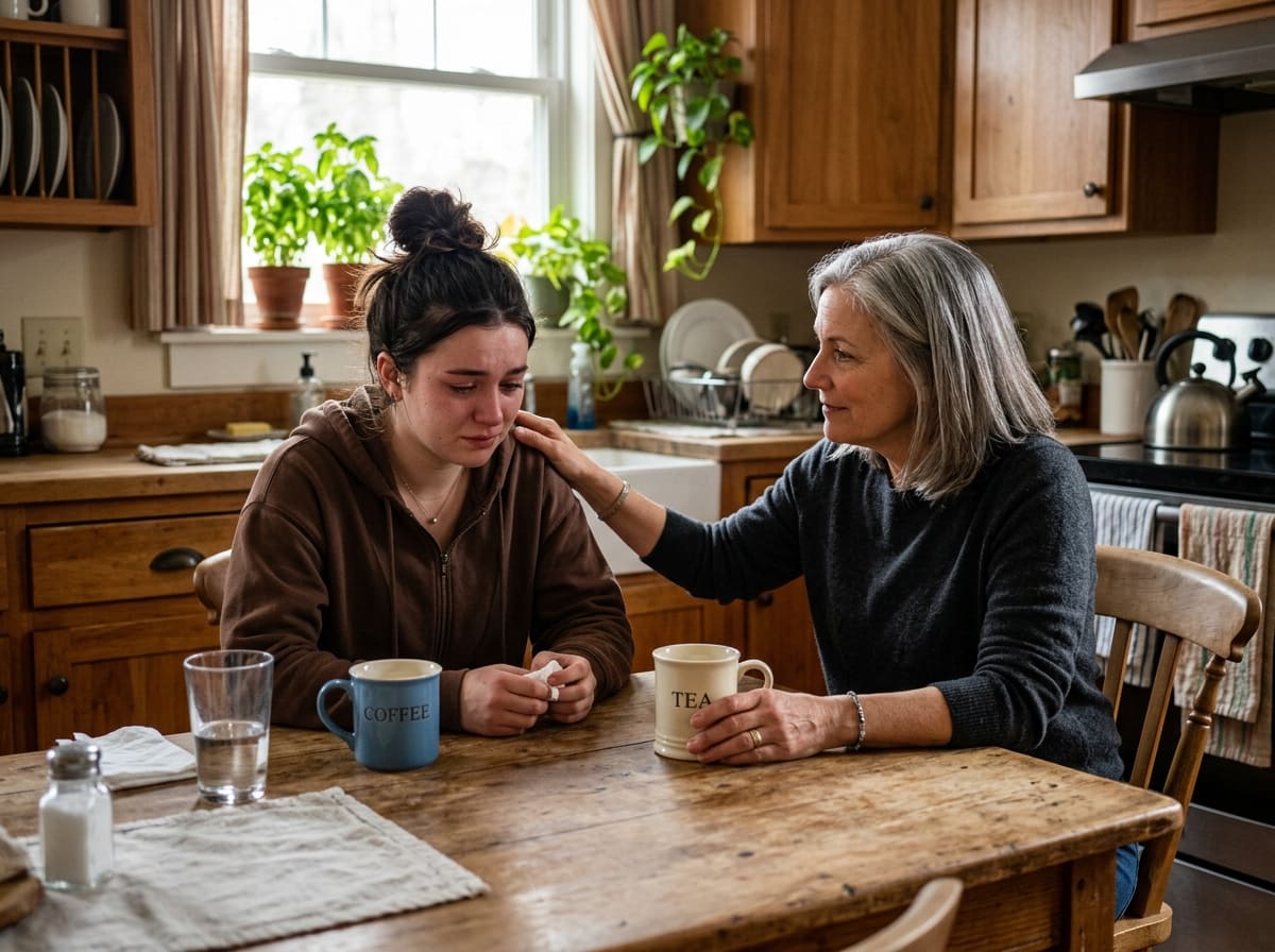 Eine Frau legt einer anderen Person tröstend die Hand auf die Schulter, während beide an einem Küchentisch sitzen.